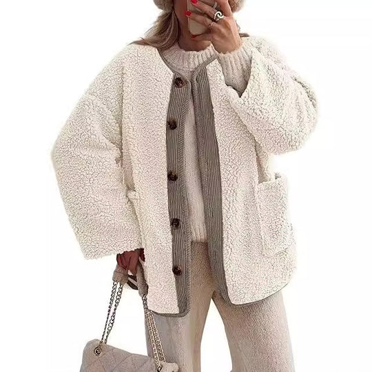 Damen kuschelige Teddyjacke mit farblich abgestimmtem Kragen EB