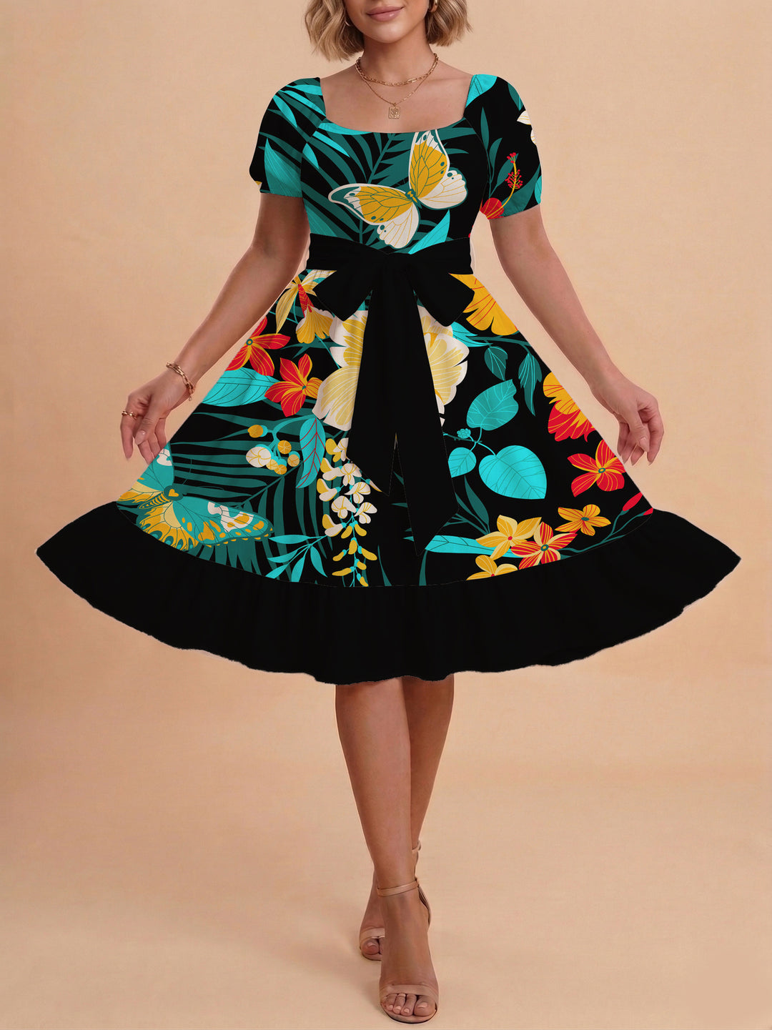 Damen modernes Blumenkleid mit elegantem Taillengürtel und asymmetrischem Saum EB