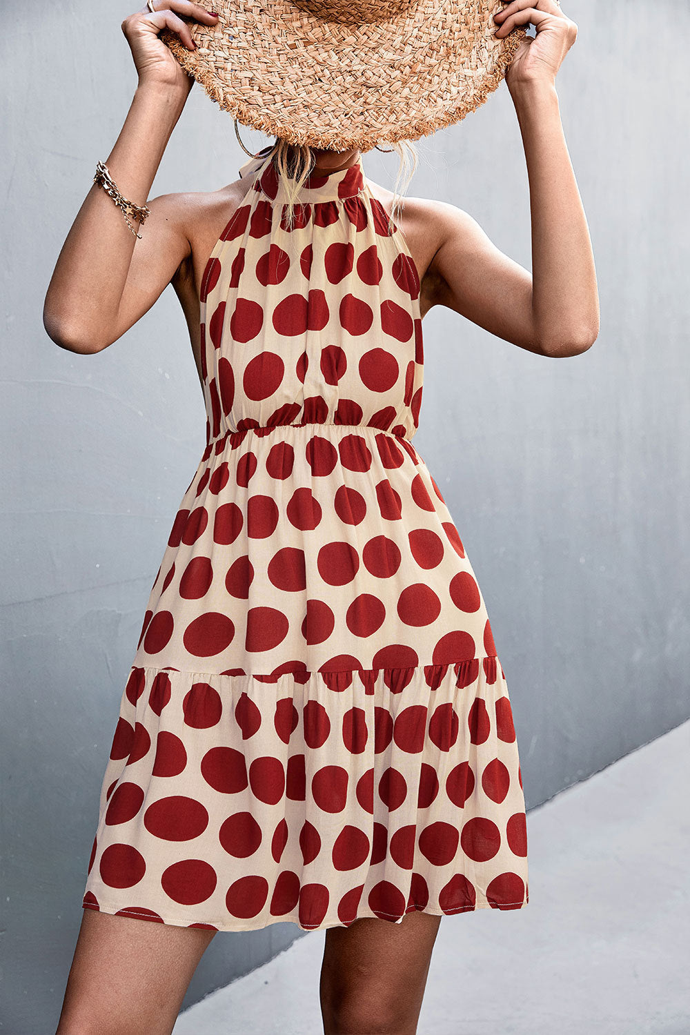 Damen luftiges Halterkleid mit Punkten und voluminösem Rock EB