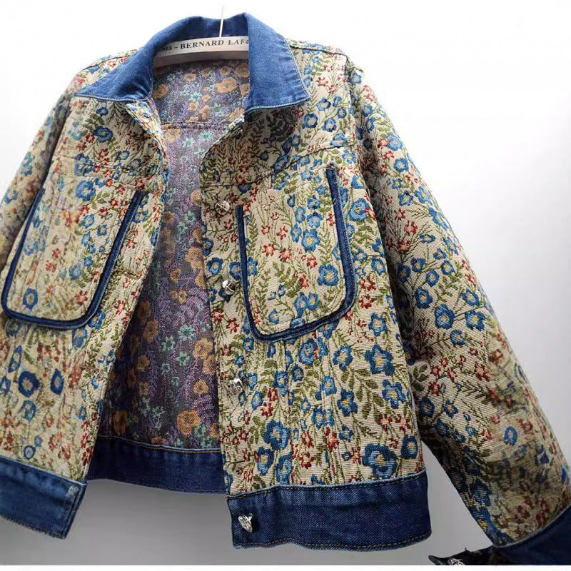 Damen Blumenmuster Denimjacke mit aufgesetzten Taschen und Kragen EB