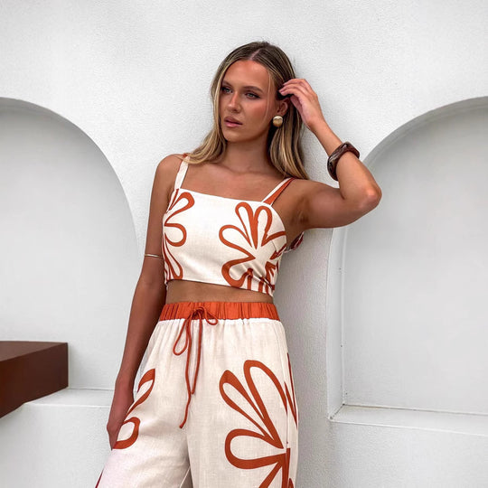 Damen Freizeitoberteil und weit geschnittene Hose mit floralem Muster EB