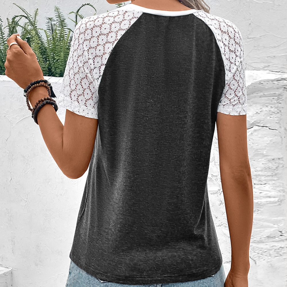 Damen modisches T-Shirt mit Spitzenärmeln und Farbblockdesign EB