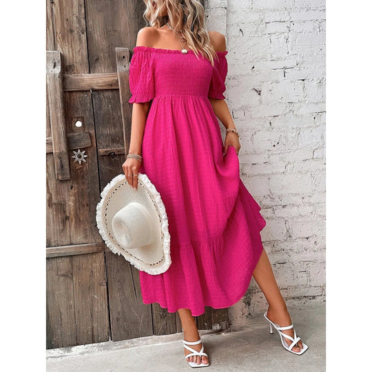 Damen Off-Shoulder Maxikleid mit voluminösen Ärmeln und fließendem Schnitt EB