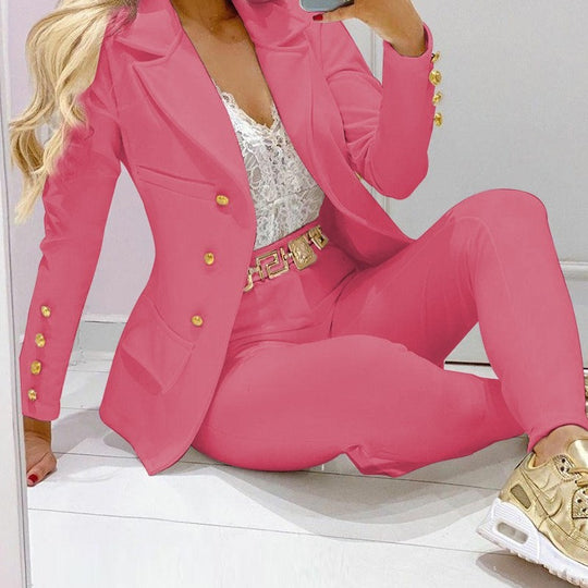 Damen Taillierter Zweiteiler Blazer mit Goldknöpfen und Slim-Fit Hose EB