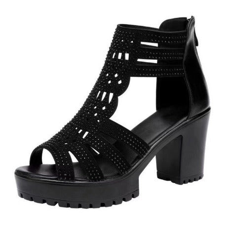 Damen modische Sandalen mit verzierten Riemen und robustem Absatz EB