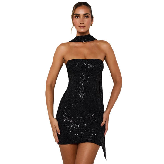 Damen Glamouröses Minikleid mit schimmernden Pailletten und elegantem Halsschmuck EB