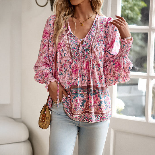 Damen nan lockere Boho-Tunika mit V-Ausschnitt Bindeband gerafften Ärmeln und floralem Muster EB
