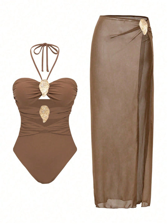 Damen Luxuriöser Badeanzug mit elegantem Überrock EB