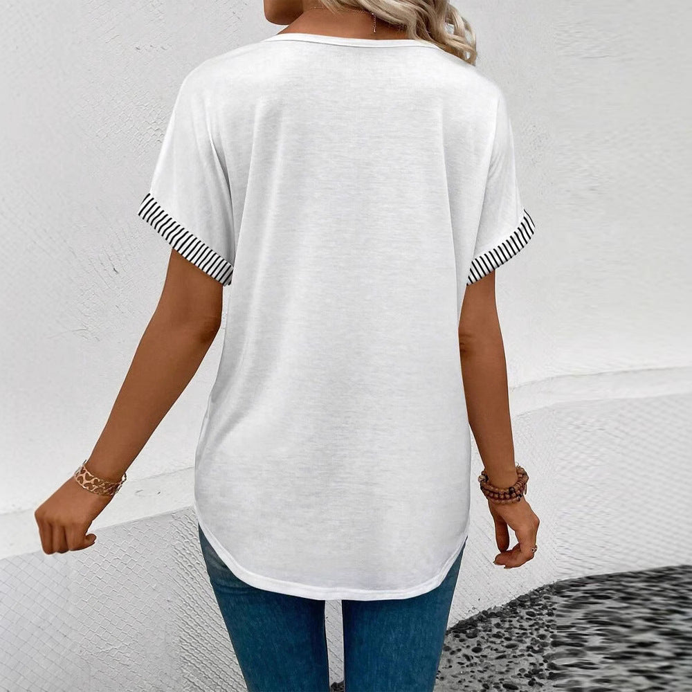 Damen nan lässiges Kurzarmshirt mit tiefem V-Ausschnitt, gestreifter Paspelierung und weiter Passform EB