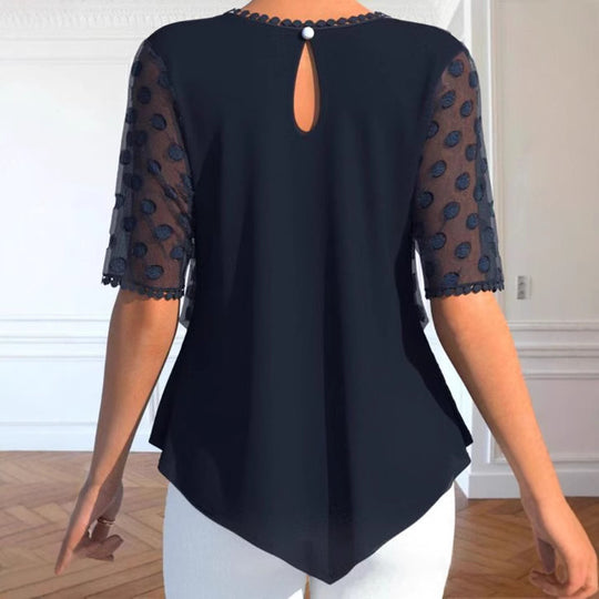 Damen nan Tüllbluse mit bestickten Punkten, halbtransparenten Ärmeln und asymmetrischem Stufensaum EB