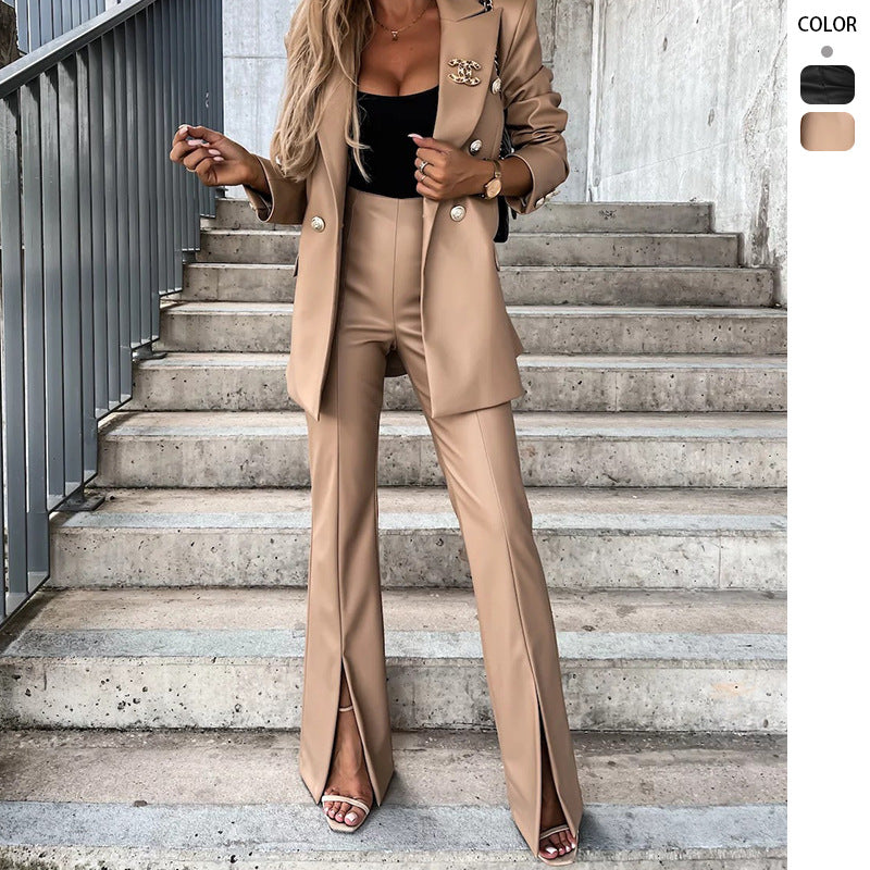 Damen Elegantes Zweiteiliges Blazer- und Hose-Set mit dekorativen Knopfdetails EB