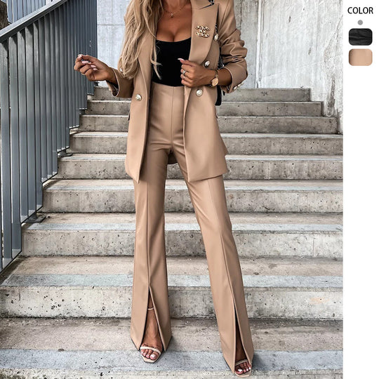 Damen Elegantes Zweiteiliges Blazer- und Hose-Set mit dekorativen Knopfdetails EB
