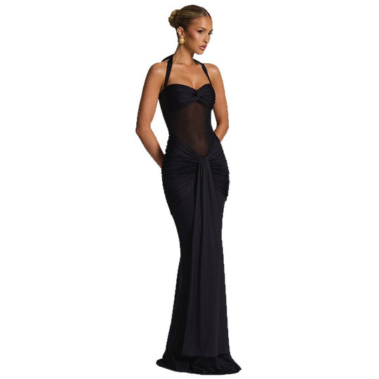 Damen Elegantes Maxikleid mit Tiefem Rückenausschnitt und Raffinierten Falten EB