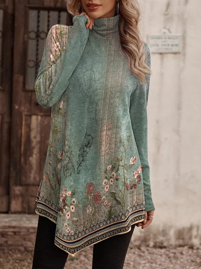 Damen Tunika mit floralem Design und hohem Kragen EB