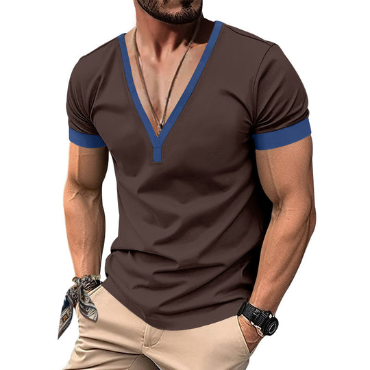Herren V-Ausschnitt T-Shirt mit kontrastierenden Ärmeln und atmungsaktiver Baumwolle EB