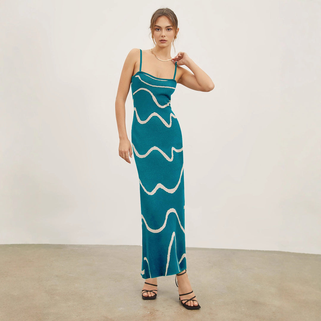 Damen Maxikleid mit modernem Wellenmuster und feinen Spaghettiträgern EB