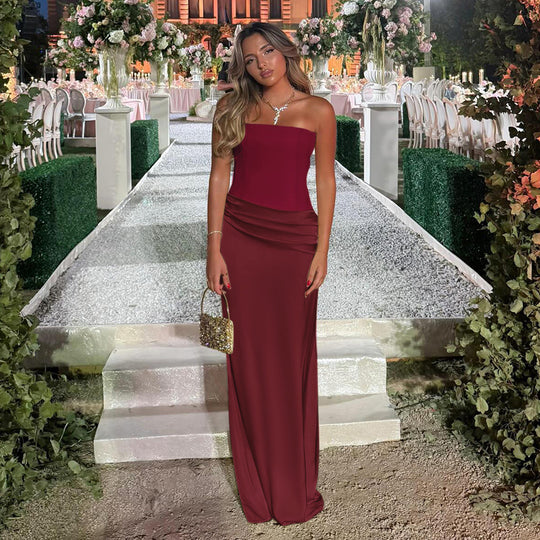 Damen Elegantes Cocktail-Maxi-Kleid mit schulterfreiem Design und sanfter Raffung EB