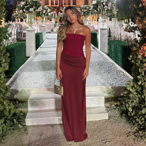 Damen schulterfreies Maxikleid mit Raffungen und eleganter Silhouette EB