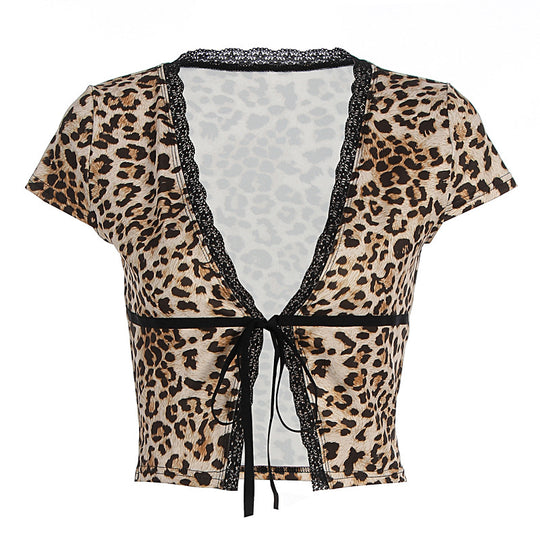 Damen Kurzes Oberteil mit kreativem Animal-Print und edlen Spitzenakzenten EB