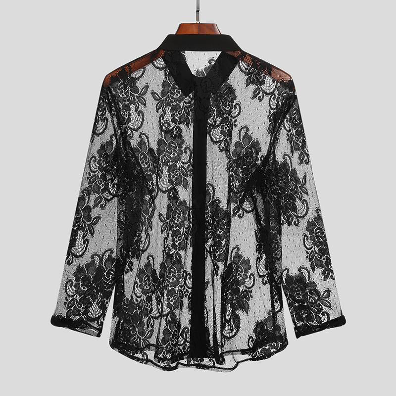Damen nan leichte florale Spitzenbluse mit Hemdkragen und dekorativer Knopfleiste EB