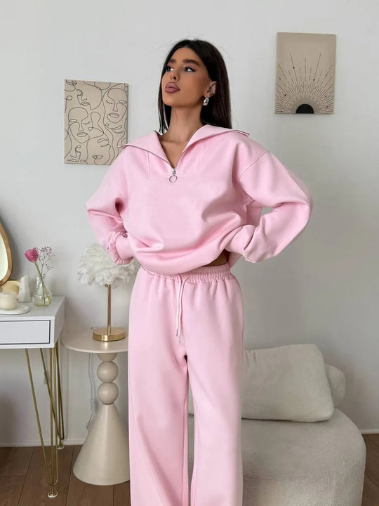Damen Loungewear-Set mit halbem Reißverschluss und weiter Bügelfalten-Hose EB