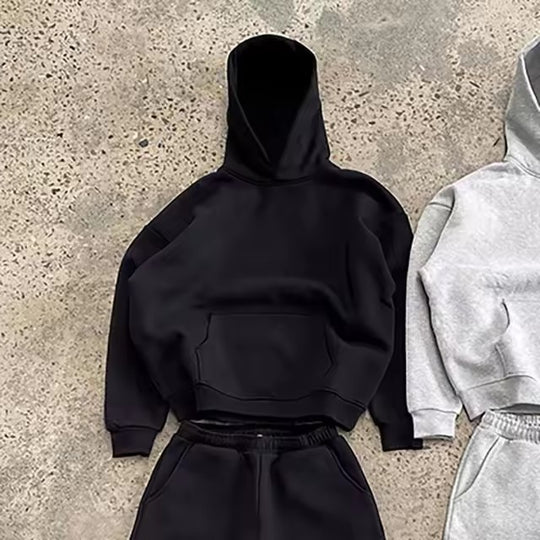 Herren nan urbaner Boxy-Hoodie mit verkürztem Rumpf, überschnittener Schulter und weichem Fleece-Innenfutter EB