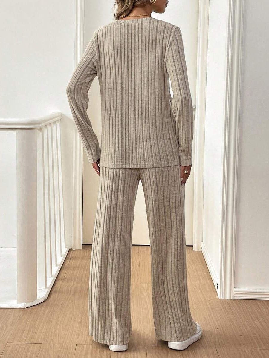 Damen Lässiges Lounge-Set mit strukturiertem Rippenmuster und Knopfdetail EB