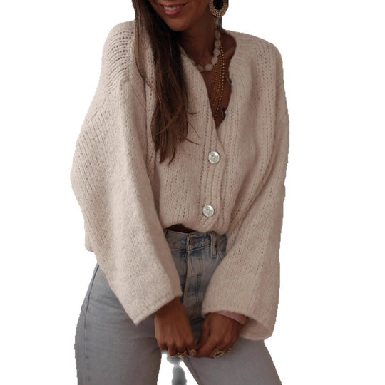 Damen kuschelige Strickjacke mit oversized Ärmeln und eleganten Perlenknöpfen EB