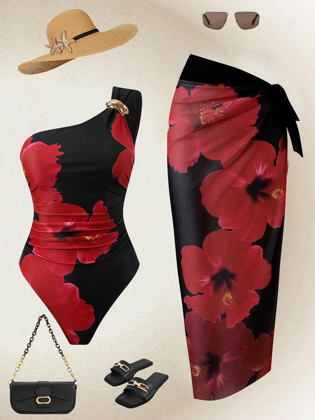 Damen Eleganter Einteiler mit asymmetrischem Schnitt und floralem Design EB