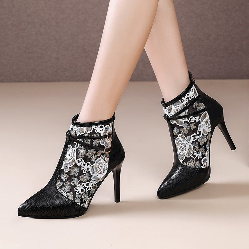 Damen Elegante High Heel Stiefeletten mit transparentem Spitzendesign EB