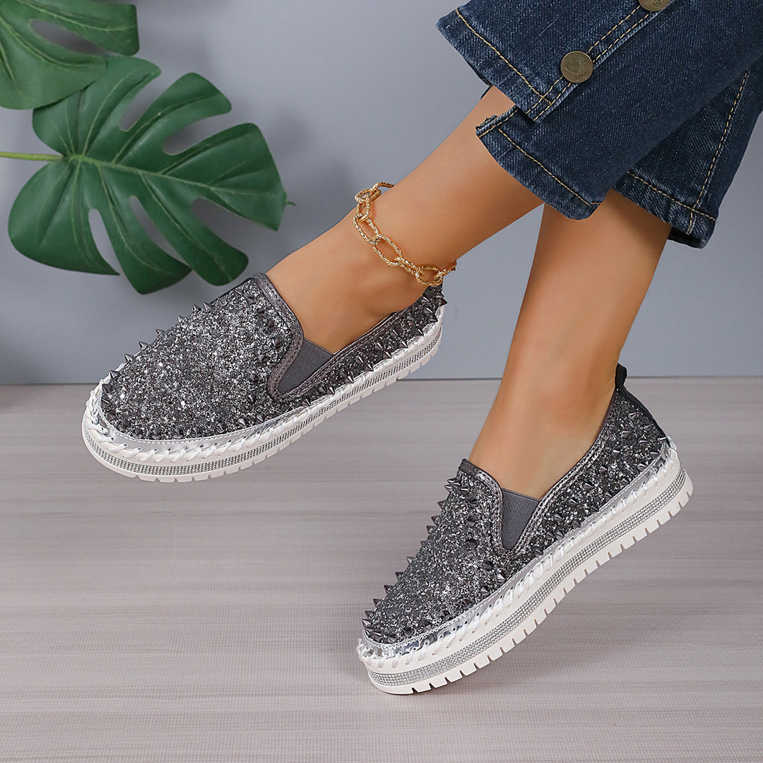 Damen Glamouröse Slip-On Sneakers mit funkelndem Glitzer und Nieten EB