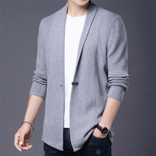 Herren Langarm Strickjacke mit modernem Schalkragen und asymmetrischem Saum EB