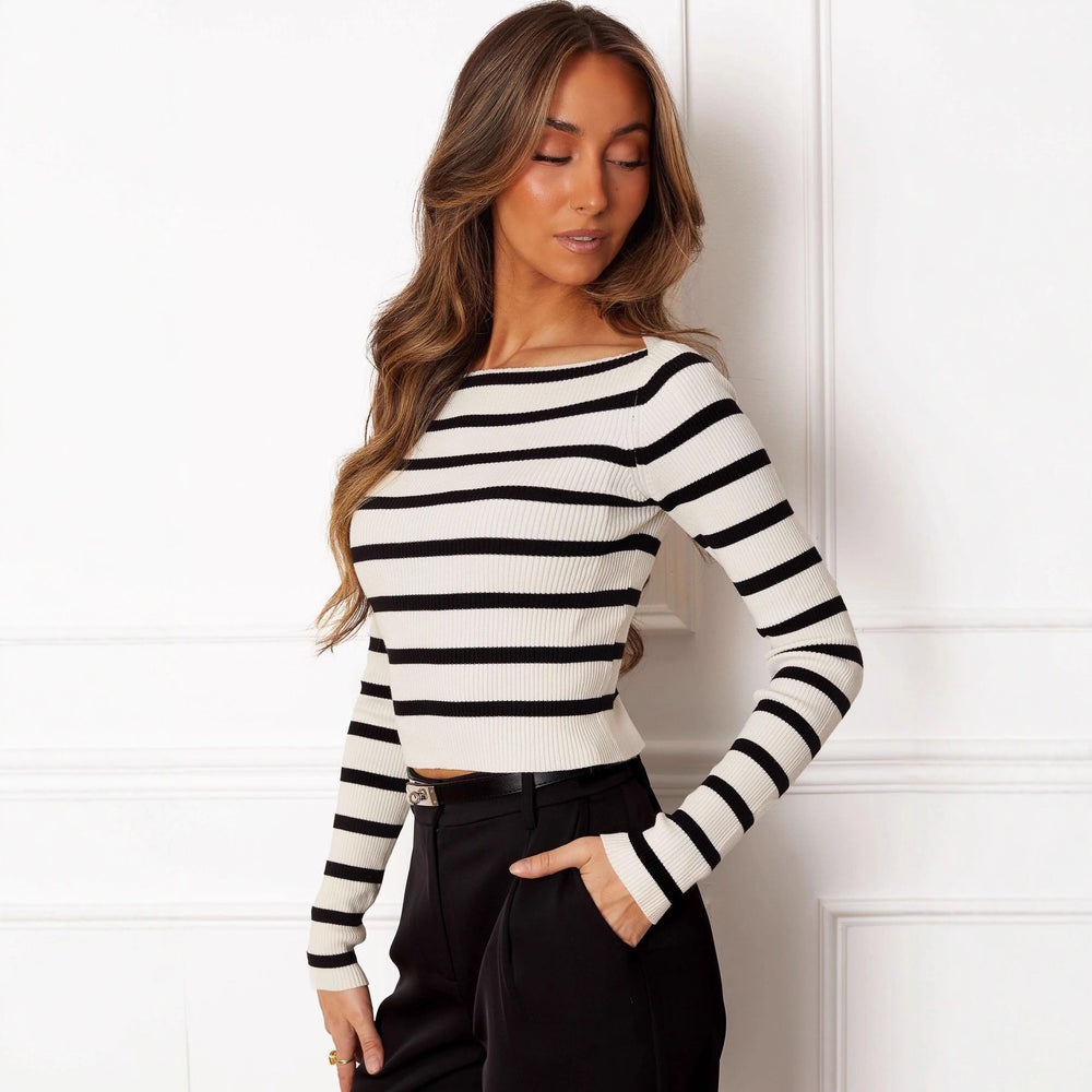 Damen Cropped Langarmshirt mit gestreiftem Muster und weichem Rippdesign EB