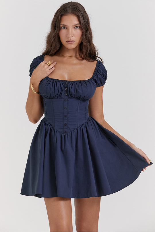Damen Kurzärmeliges Sommerkleid mit raffiniertem Puffärmel-Design und Taillenbetonung EB