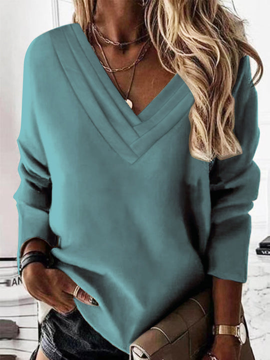 Damen Lässiges V-Ausschnitt Pullover mit eleganten Falten EB