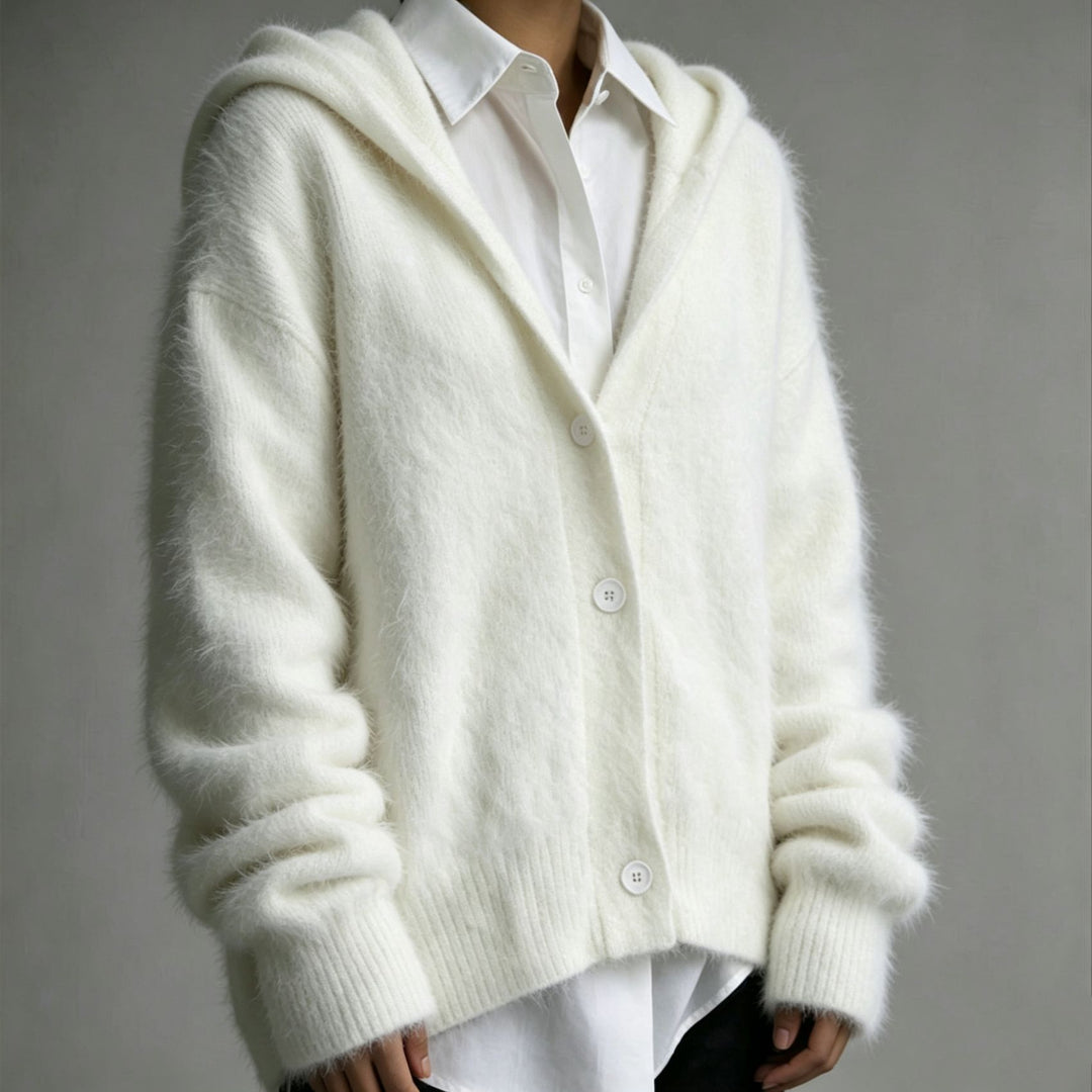 Damen Flauschiger Kapuzen-Cardigan im Mohair-Look mit Knopfleiste EB