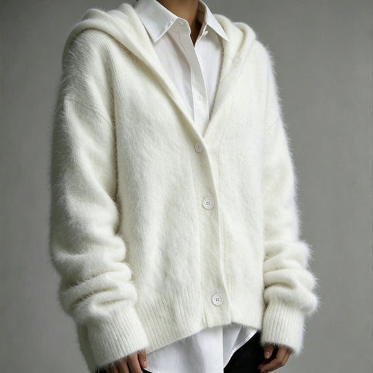 Damen Flauschiger Kapuzen-Cardigan im Mohair-Look mit Knopfleiste EB