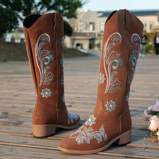 Damen Cowboy-Stiefel mit handgefertigten floralen Details und bequemem Blockabsatz EB