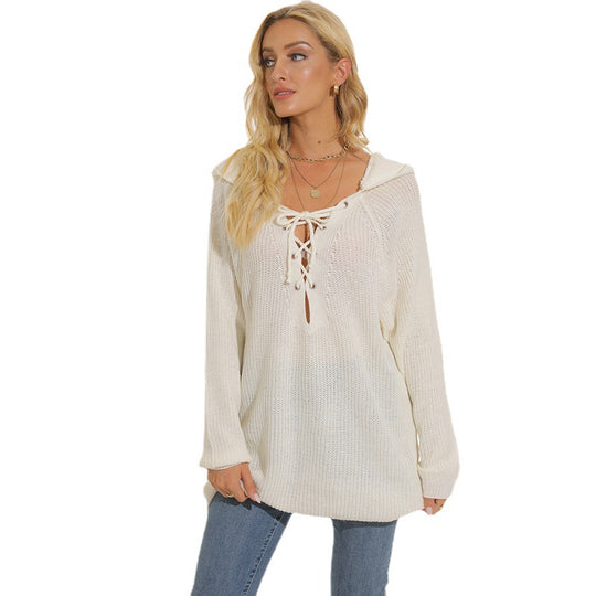 Damen lässiger Strickpullover mit einzigartigem Schnürdesign und lockerer Passform EB