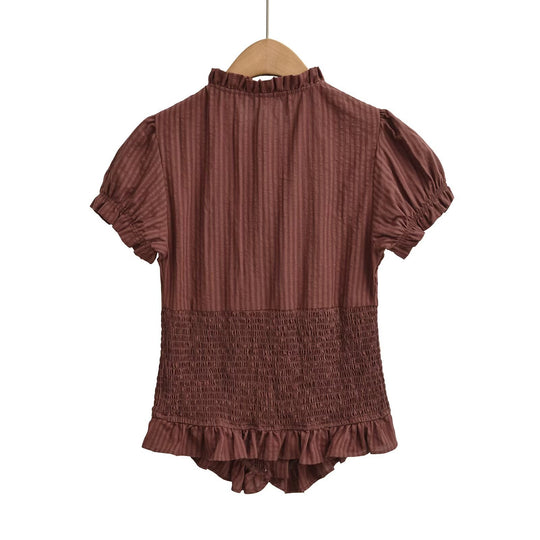 Damen Kurzarmbluse mit Rüschendetails und gerafftem Design EB