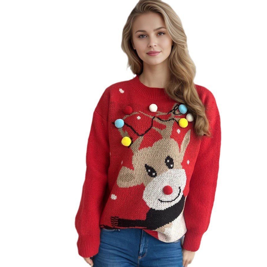 Damen weihnachtlicher Pullover mit einzigartigem Rentiermotiv und bunten Applikationen EB