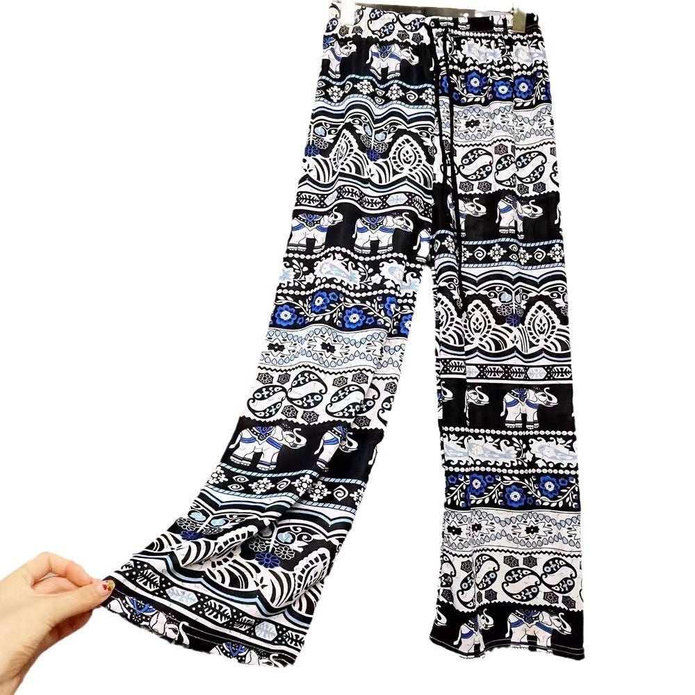 Damen Lässige Palazzo-Hose mit Elefantenmuster und elastischem Bund EB