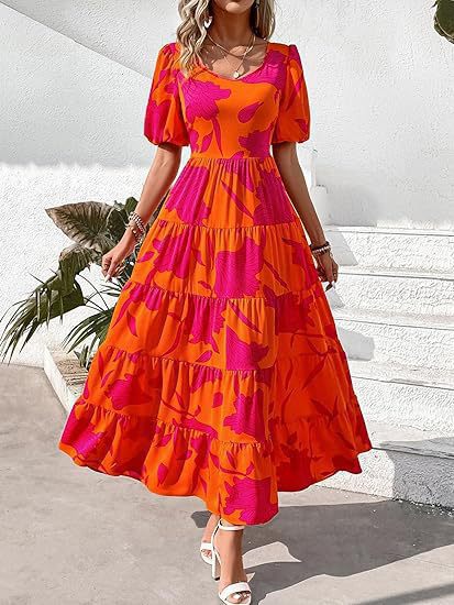 Damen Midi-Kleid mit floralem Druck und voluminösen Ärmeln EB