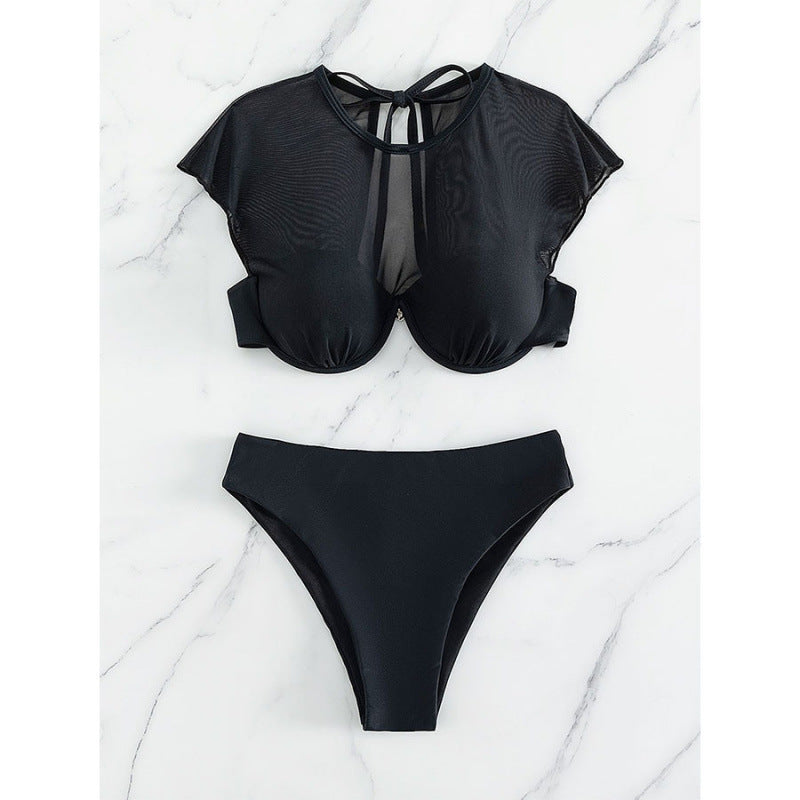 Damen Bikini Oberteil mit transparenten Ärmel und hoch geschnittenem Bund EB