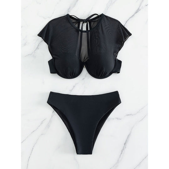 Damen Bikini Oberteil mit transparenten Ärmel und hoch geschnittenem Bund EB