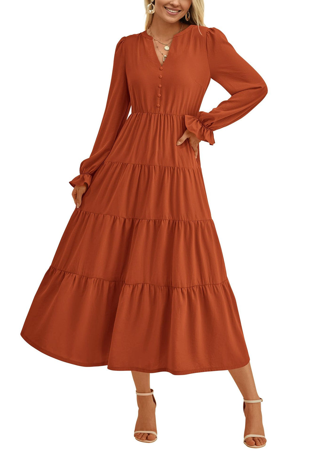 Damen Maxikleid mit romantischen Rüschendetails und elegantem V-Ausschnitt EB