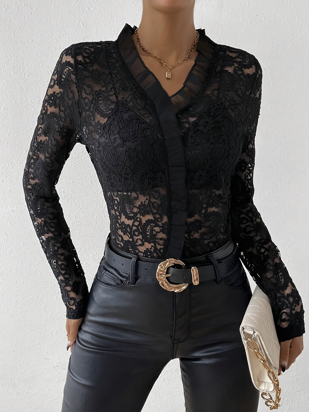 Damen elegante Spitzenbluse mit Rüschendetails EB