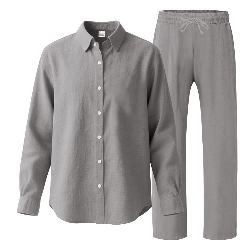 Damen nan komfortables Lounge-Set mit oversized Hemdbluse und elastischer Kordelzug-Hose EB