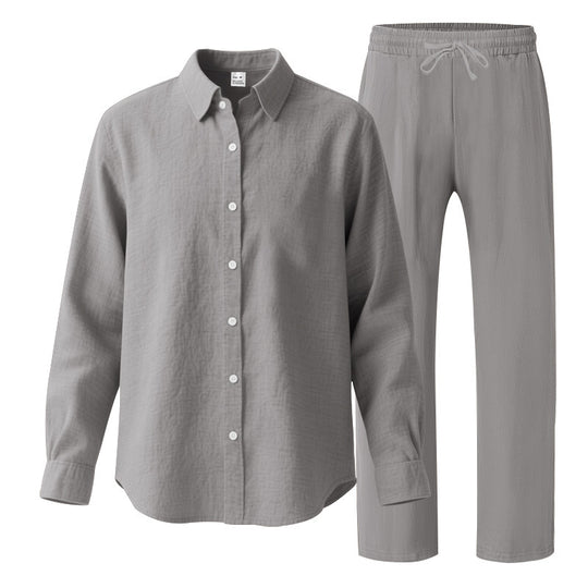 Damen nan komfortables Lounge-Set mit oversized Hemdbluse und elastischer Kordelzug-Hose EB