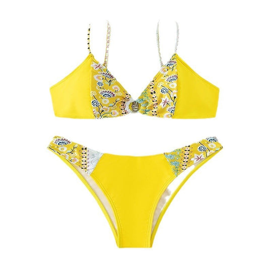 Damen Hochgeschnittener Triangel-Bikini mit floralen Applikationen und Knopfdetail EB